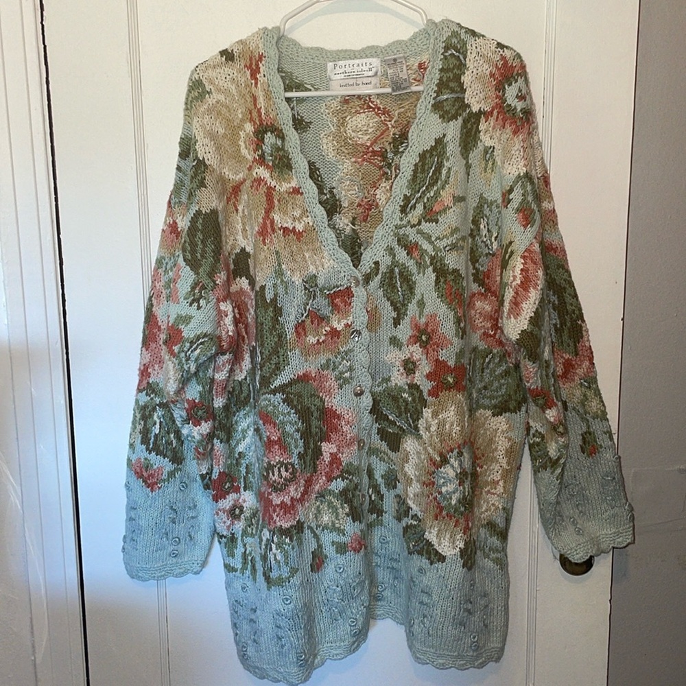 Portraits by Northern Isles Knitted By Hand floral cardigan sweater pockets